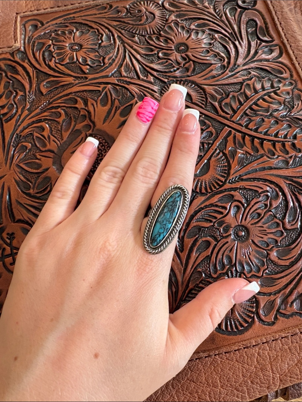 Silver Turquoise Oval Statement Ring - adjustable